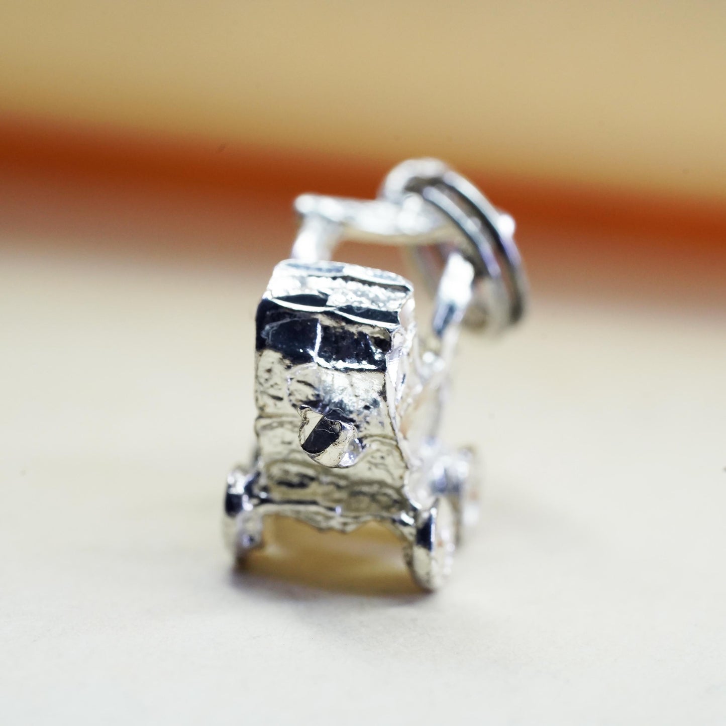 Vintage baby stroller sterling silver handmade pendant, 925 charm