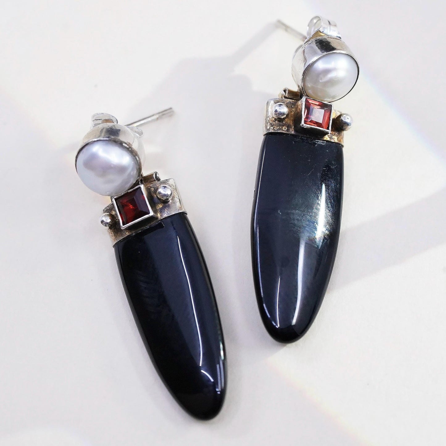 Vintage SIS handmade Sterling 925 silver earrings with onyx garnet and pearl
