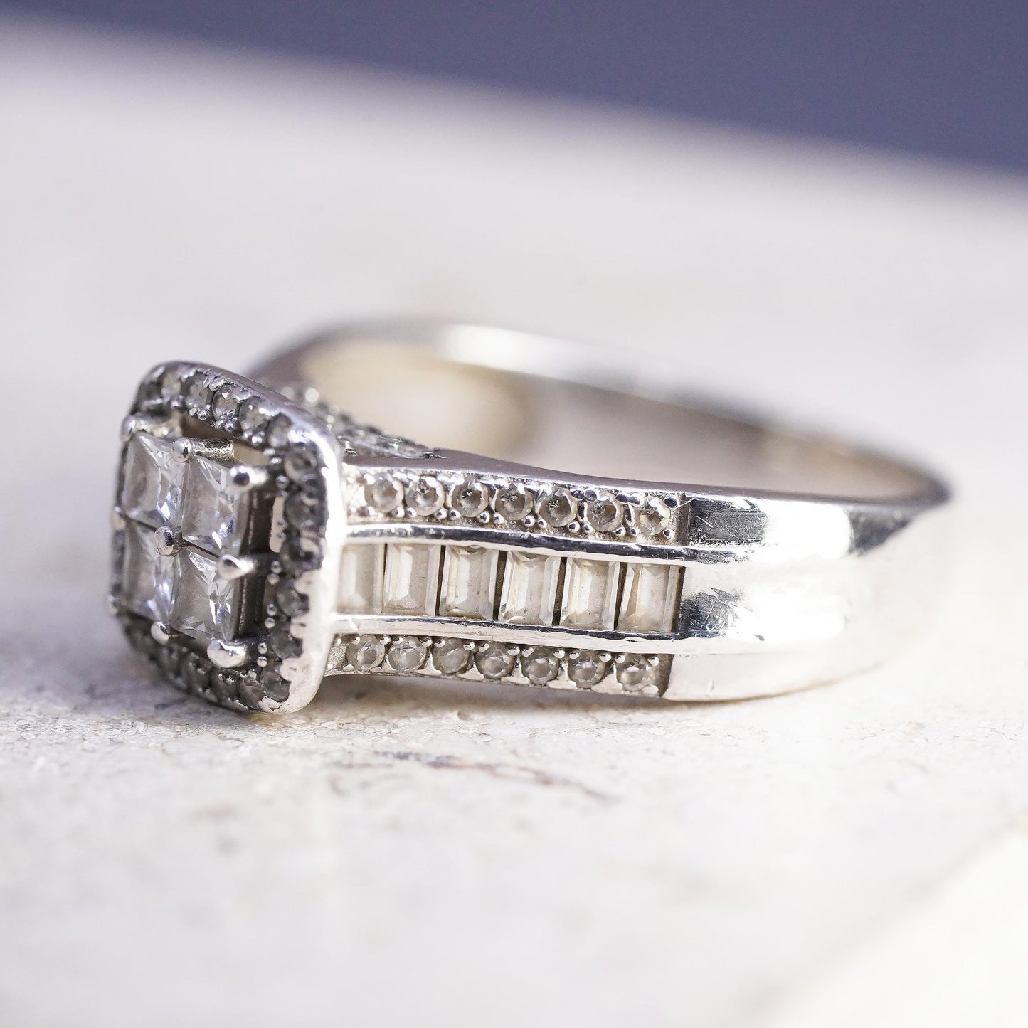 Size 8, Sterling Silver 925 CZ Cluster Princess Cut Square Halo Ring, Crystal
