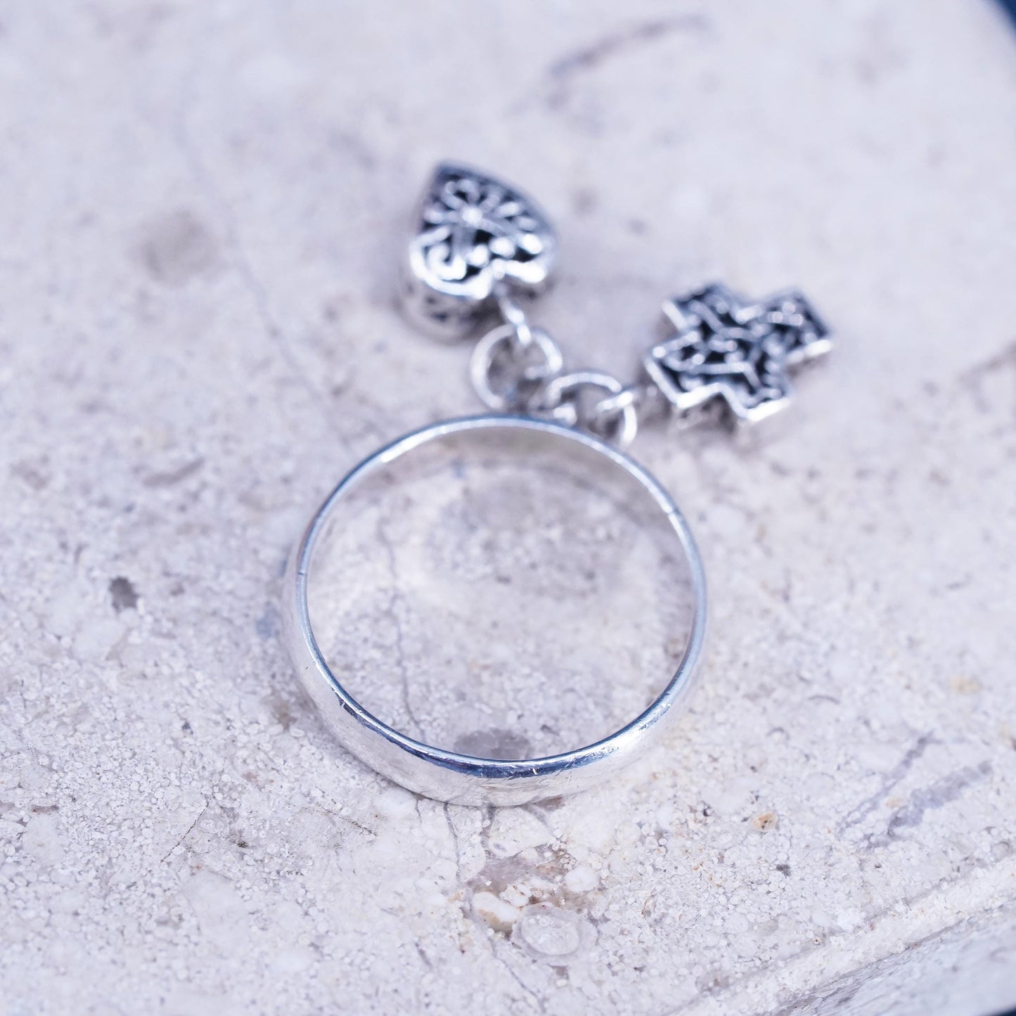 Size 5, vintage Sterling silver ring, 925 filigree ring with heart cross charms