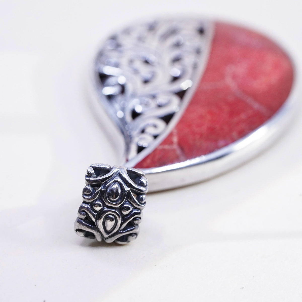 Sterling Silver Red Coral Teardrop double sided Pendant, Bali Filigree Charm
