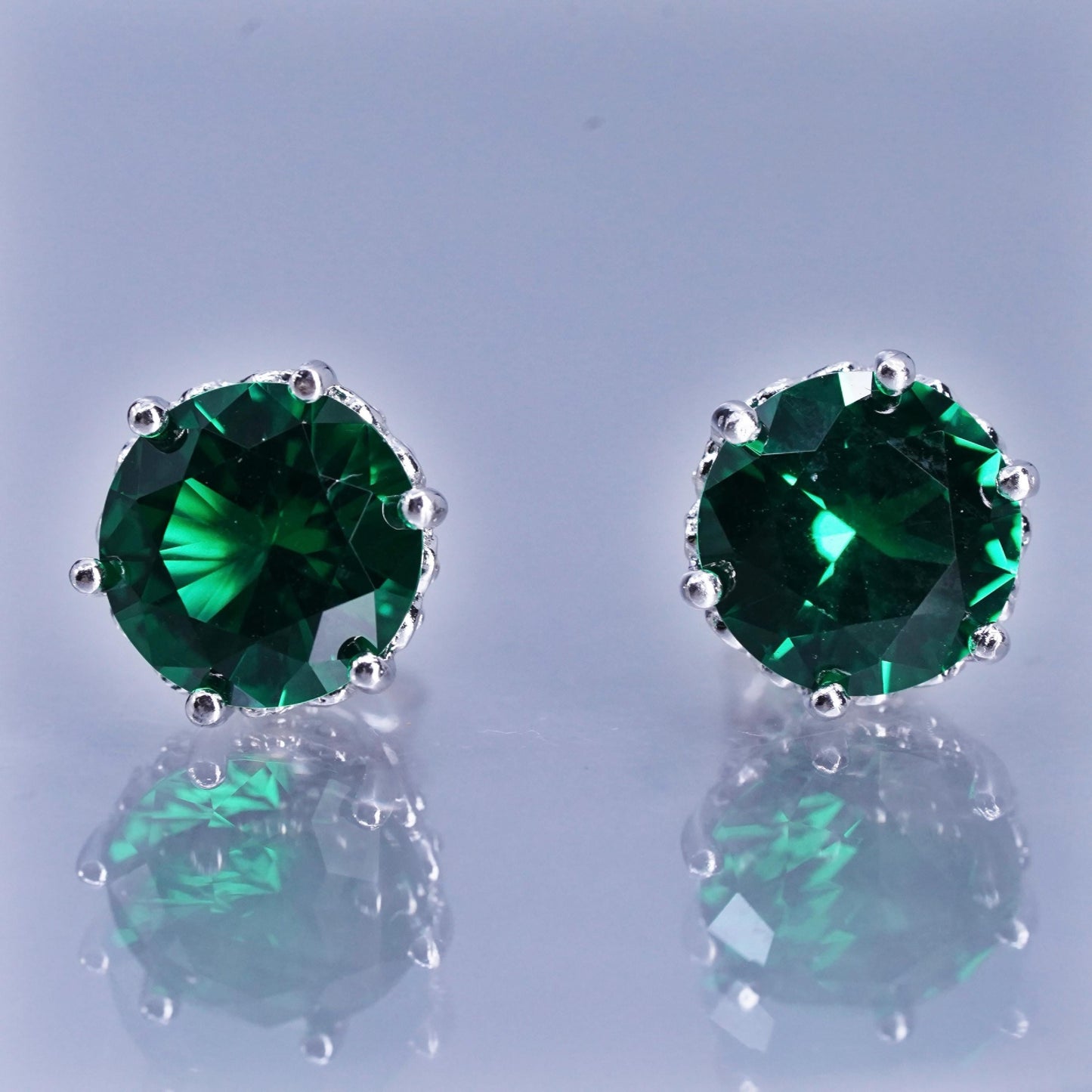 Vintage Sterling 925 silver handmade earrings, studs w/ emerald cz on the side