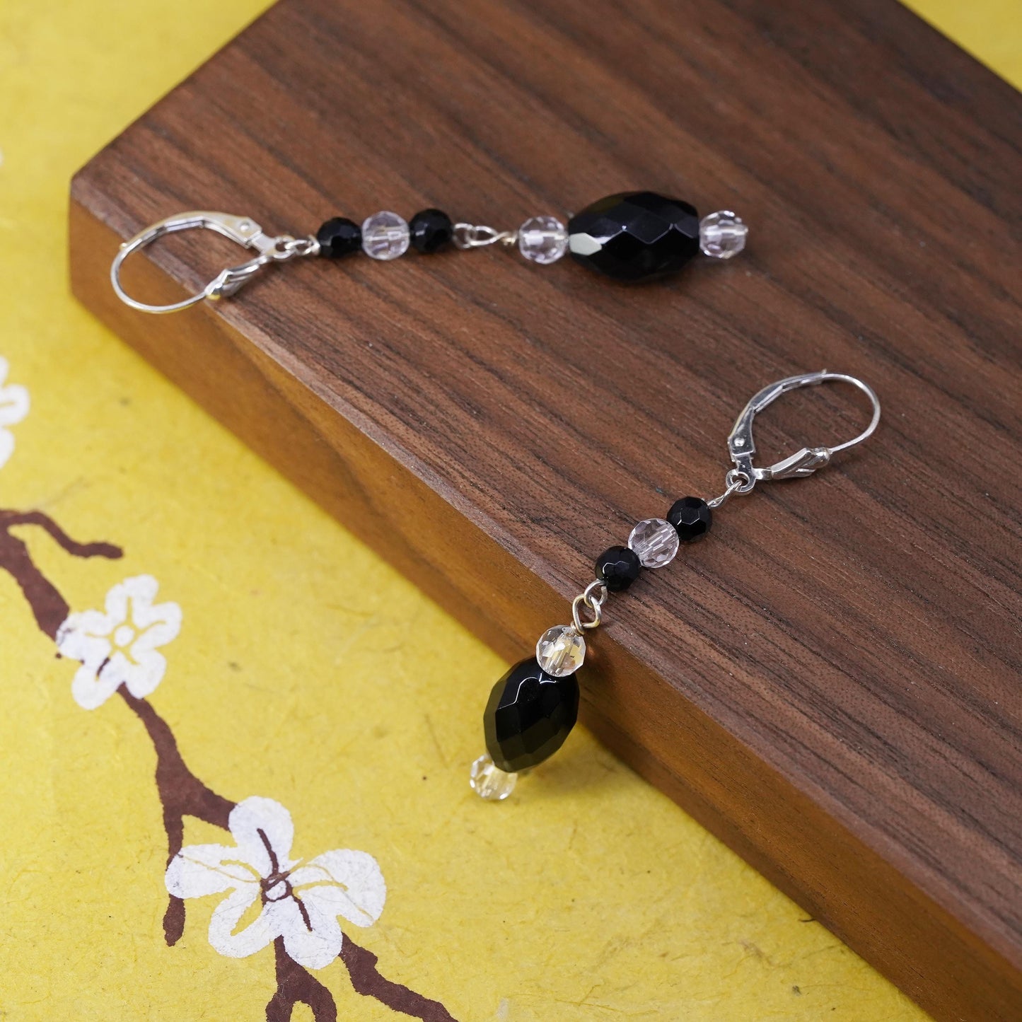 Vintage Sterling 925 silver handmade earrings with obsidian crystal lever back