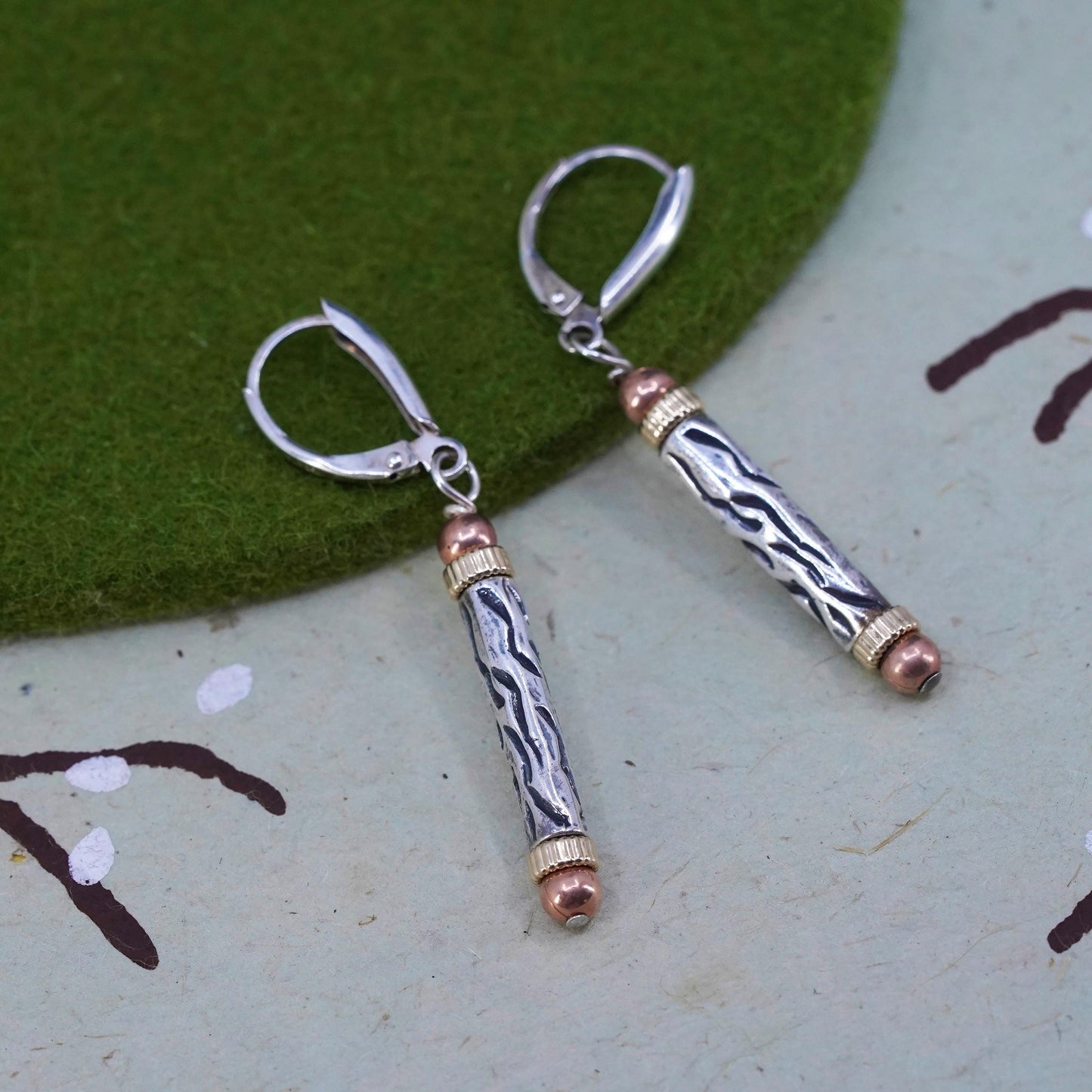 Vintage triple tone sterling 925 silver tube drops earrings with brass copper