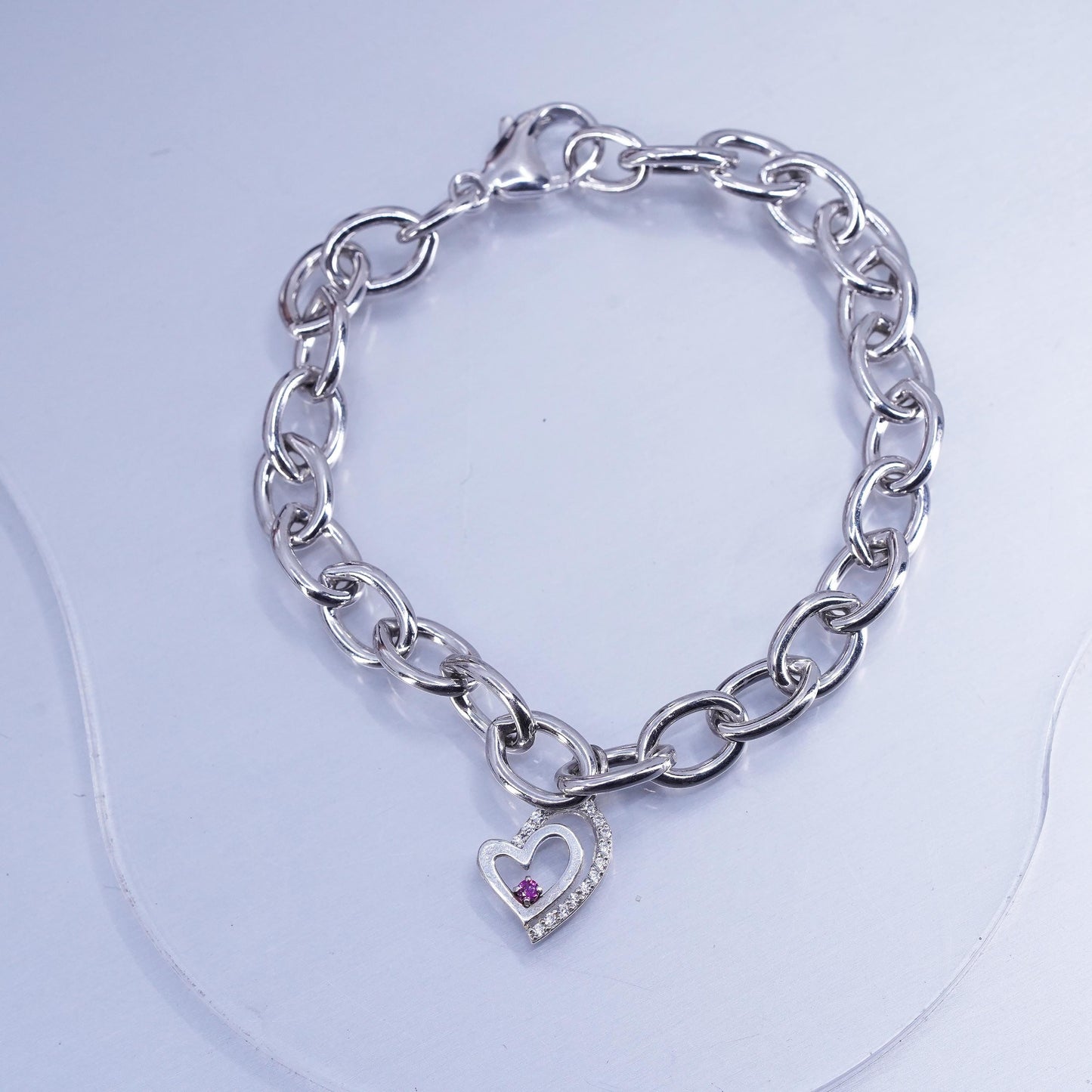 7.25”, Sterling silver bracelet, 925 bold oval chain with crystal heart charm