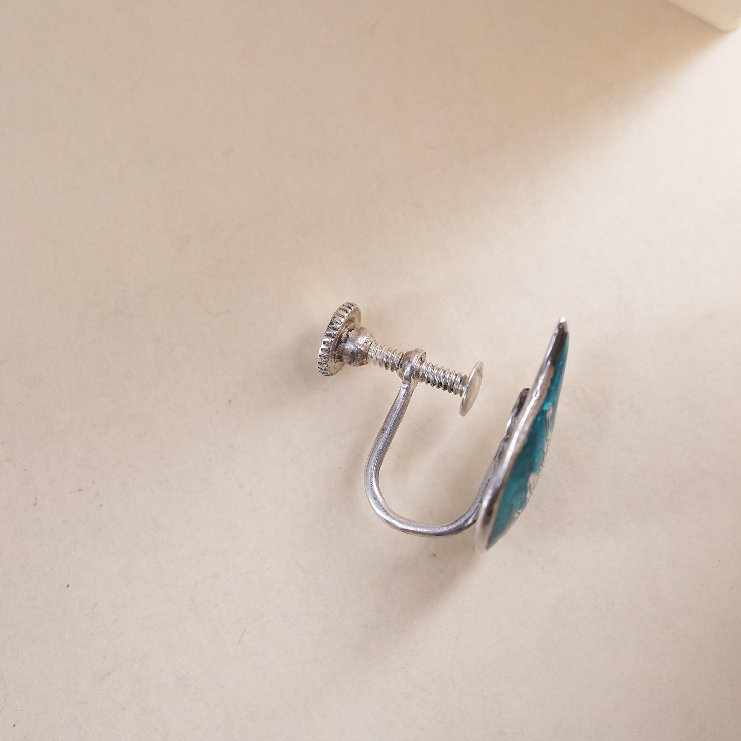 Sterling silver single earring, 925 teardrop screw back Indian blue enamel
