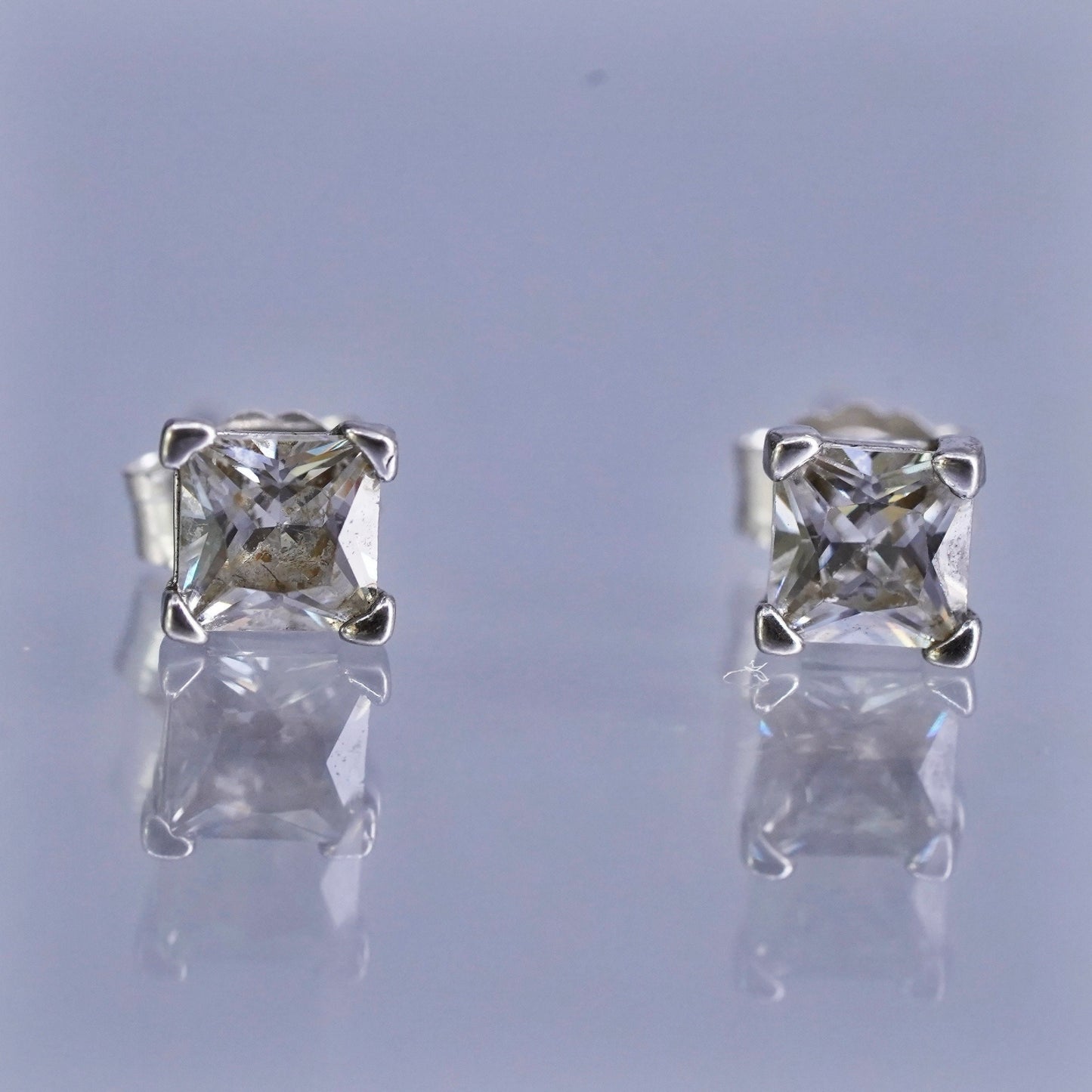 4mm, Vintage Sterling 925 silver handmade earrings, square cz studs