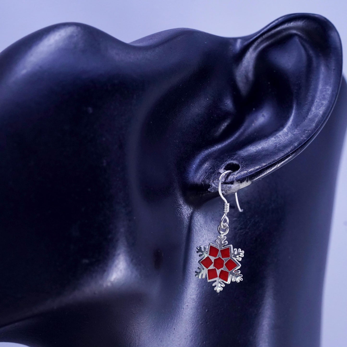 Vintage sterling silver handmade earrings, 925 hooks red enamel snowflake drops