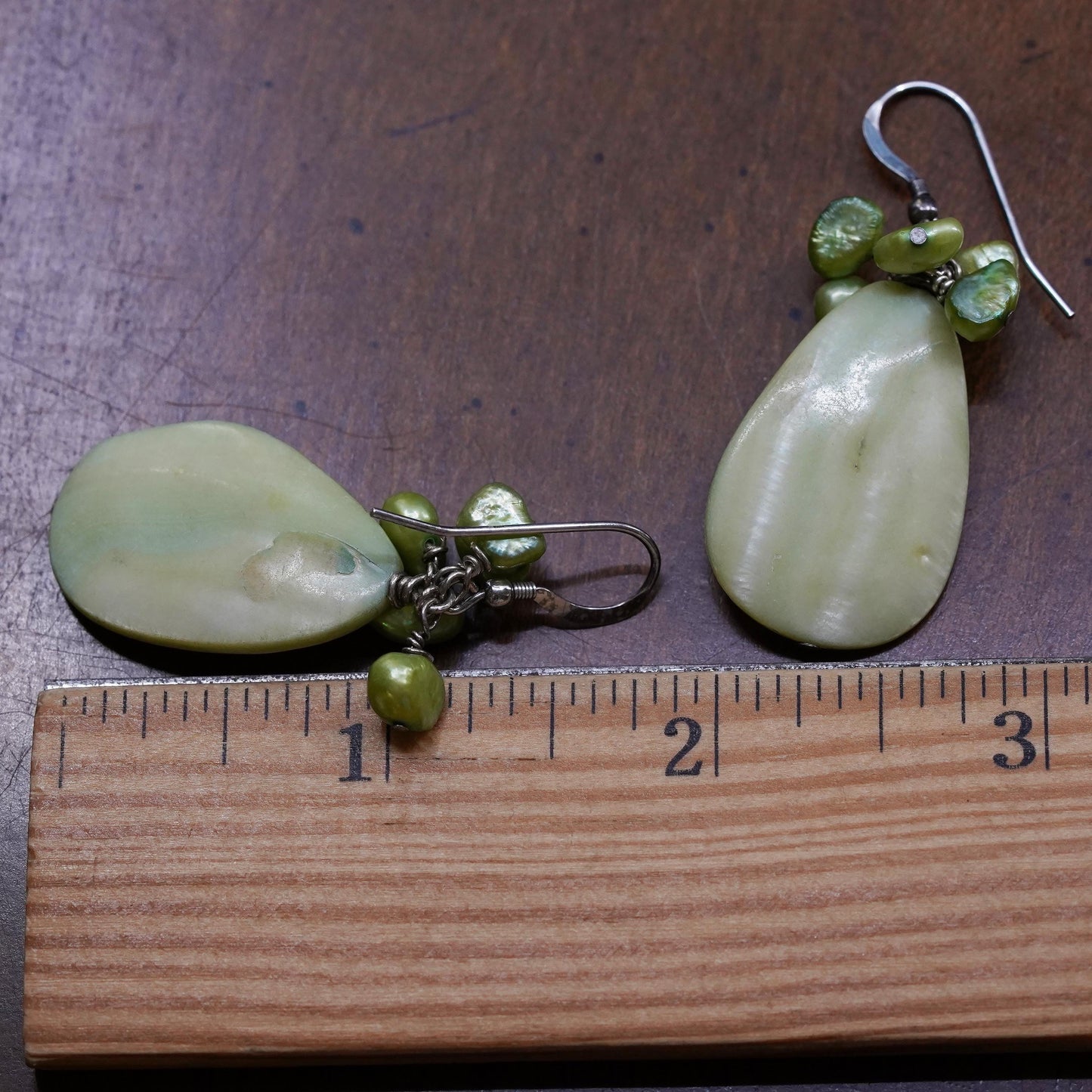 Sterling 925 silver earrings with green pearl and teardrop mother of pearl
