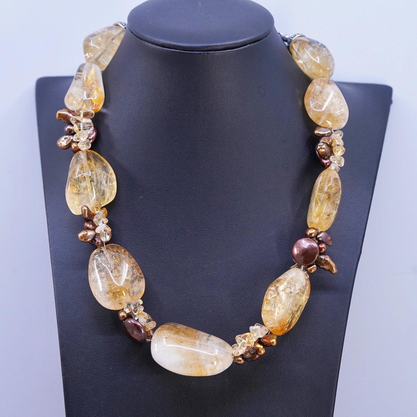 16+2", VTG Deb Guyot Sterling 925 silver chunky citrine coin pearls Necklace