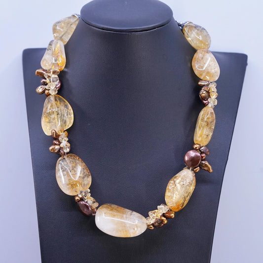 16+2", VTG Deb Guyot Sterling 925 silver chunky citrine coin pearls Necklace