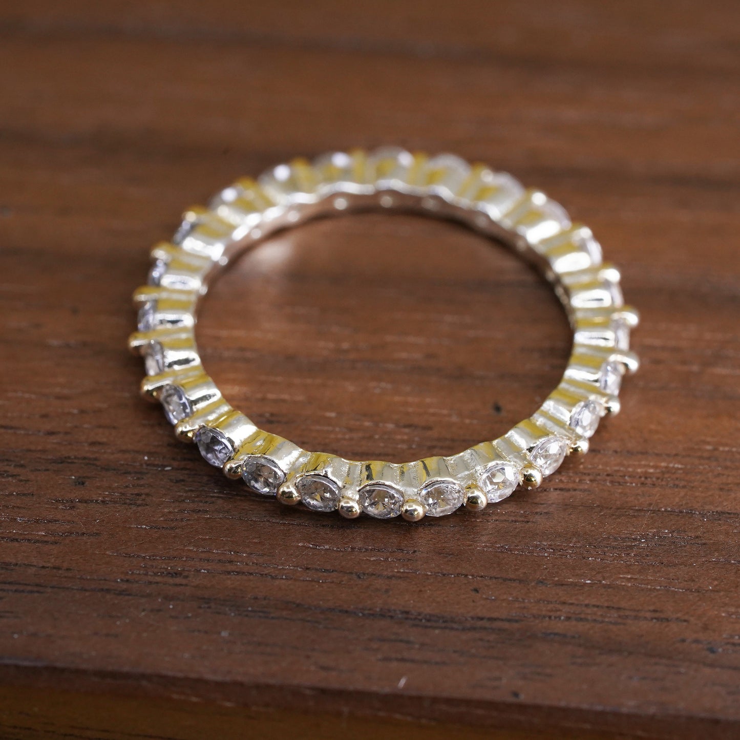 Size 7, vintage vermeil gold over Sterling silver ring, 925 stackable band cz