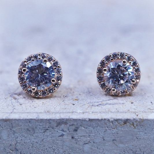 Vintage vermeil rose gold over sterling silver earrings, 925 studs with cz