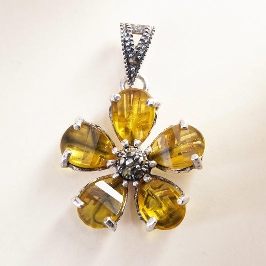 Vintage Sterling 925 silver handmade flower pendant with marcasite and citrine