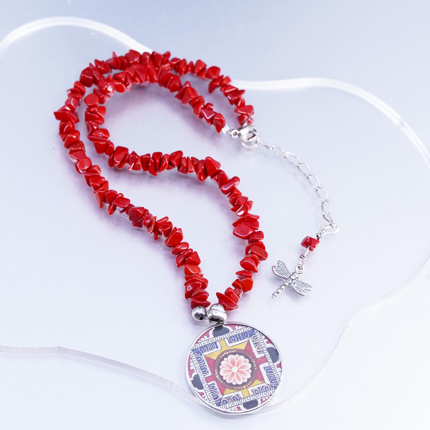 15+2", southwestern Sterling Silver 925 Necklace coral Beads and circle pendant