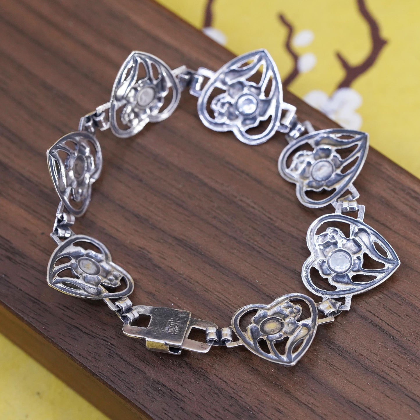 6.75", Vintage Sterling silver tennis bracelet, 925 silver heart floral chain