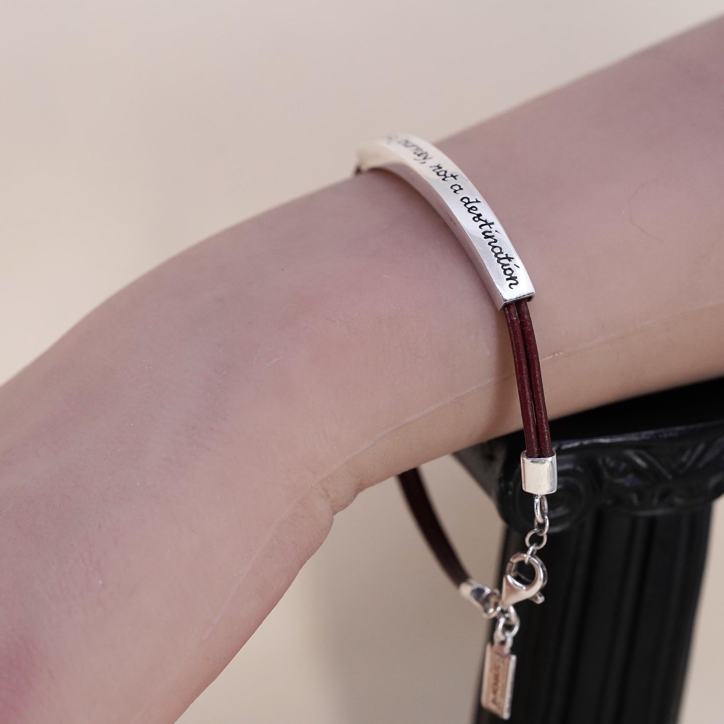 7.5", Vintage Baroni brown leather strap with 925 Sterling silver quote bar