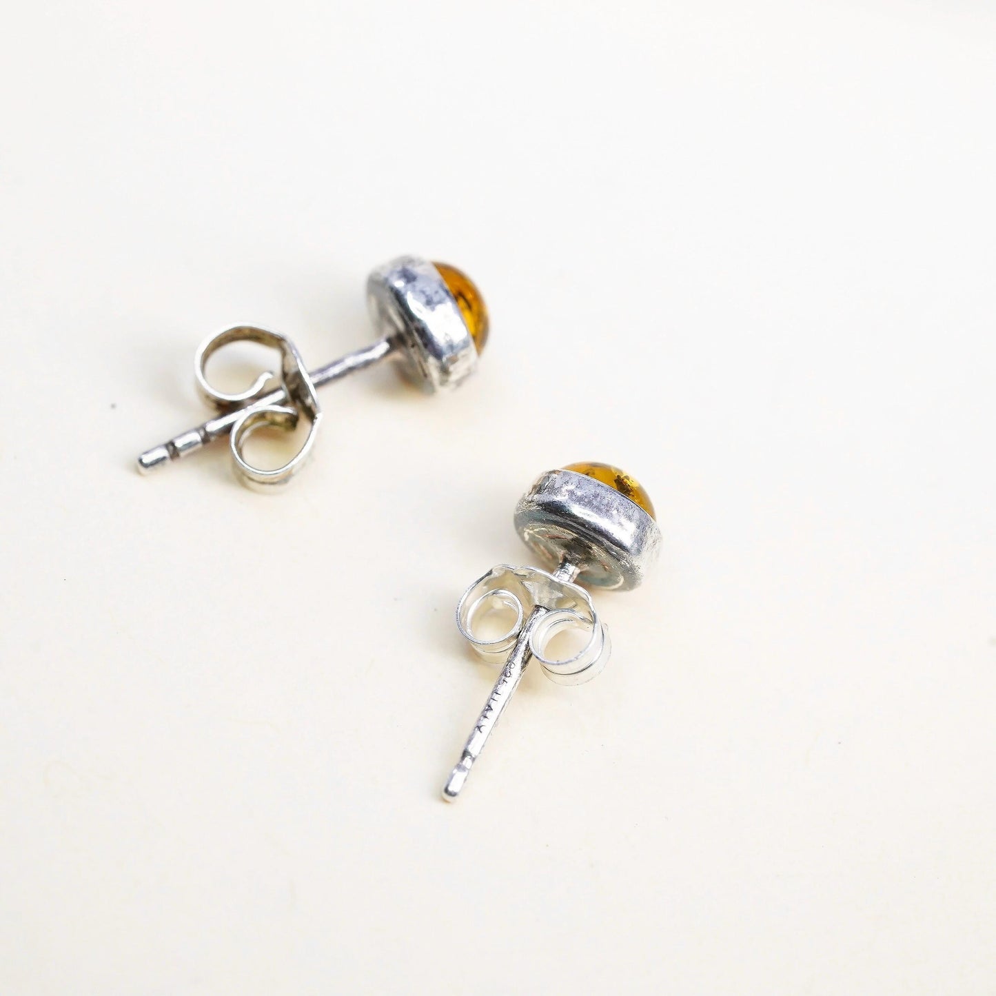 Vintage Sterling 925 silver handmade earrings round Amber studs, southwestern
