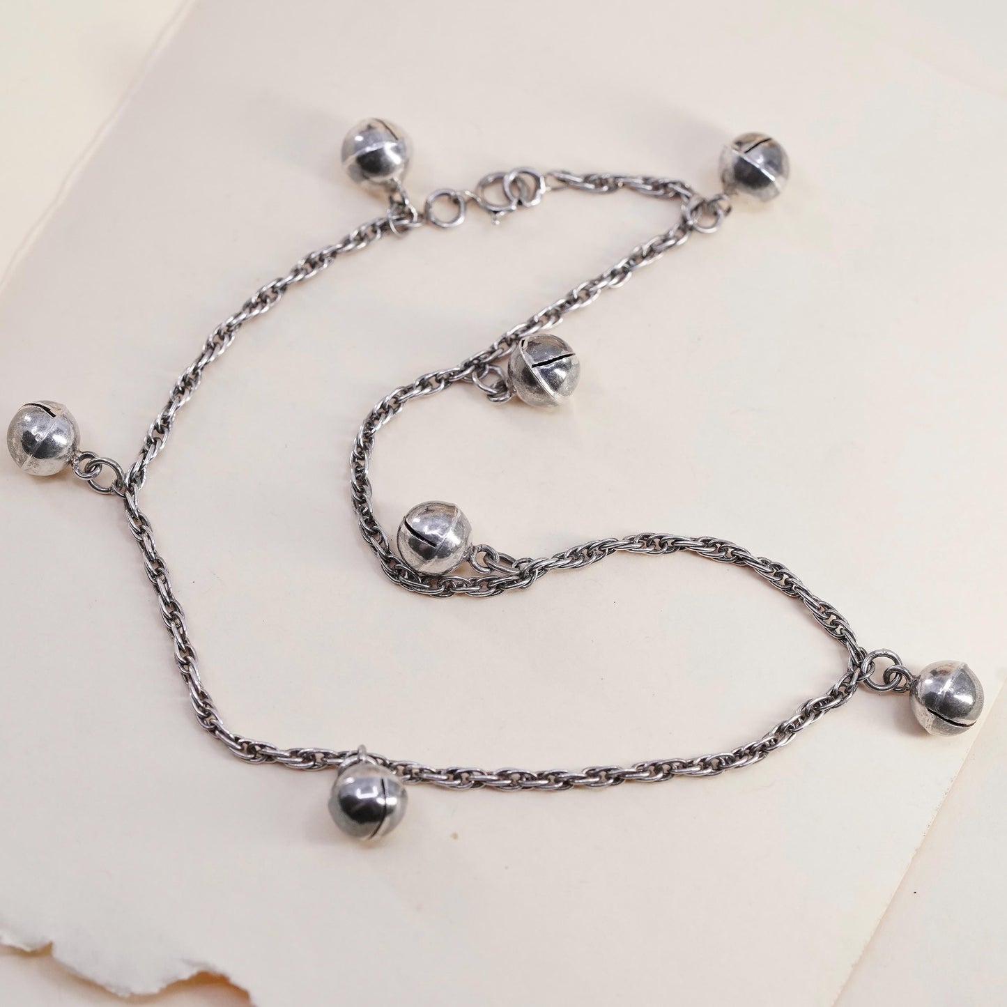 10.75”, sterling silver anklet bracelet, 925 Singapore rope bell chime charms