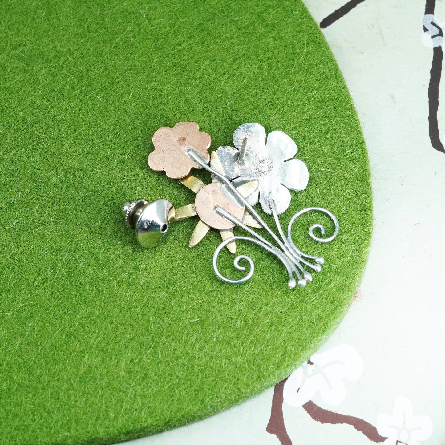triple tone Sterling silver handmade brooch, 925 flower pin with brass brass