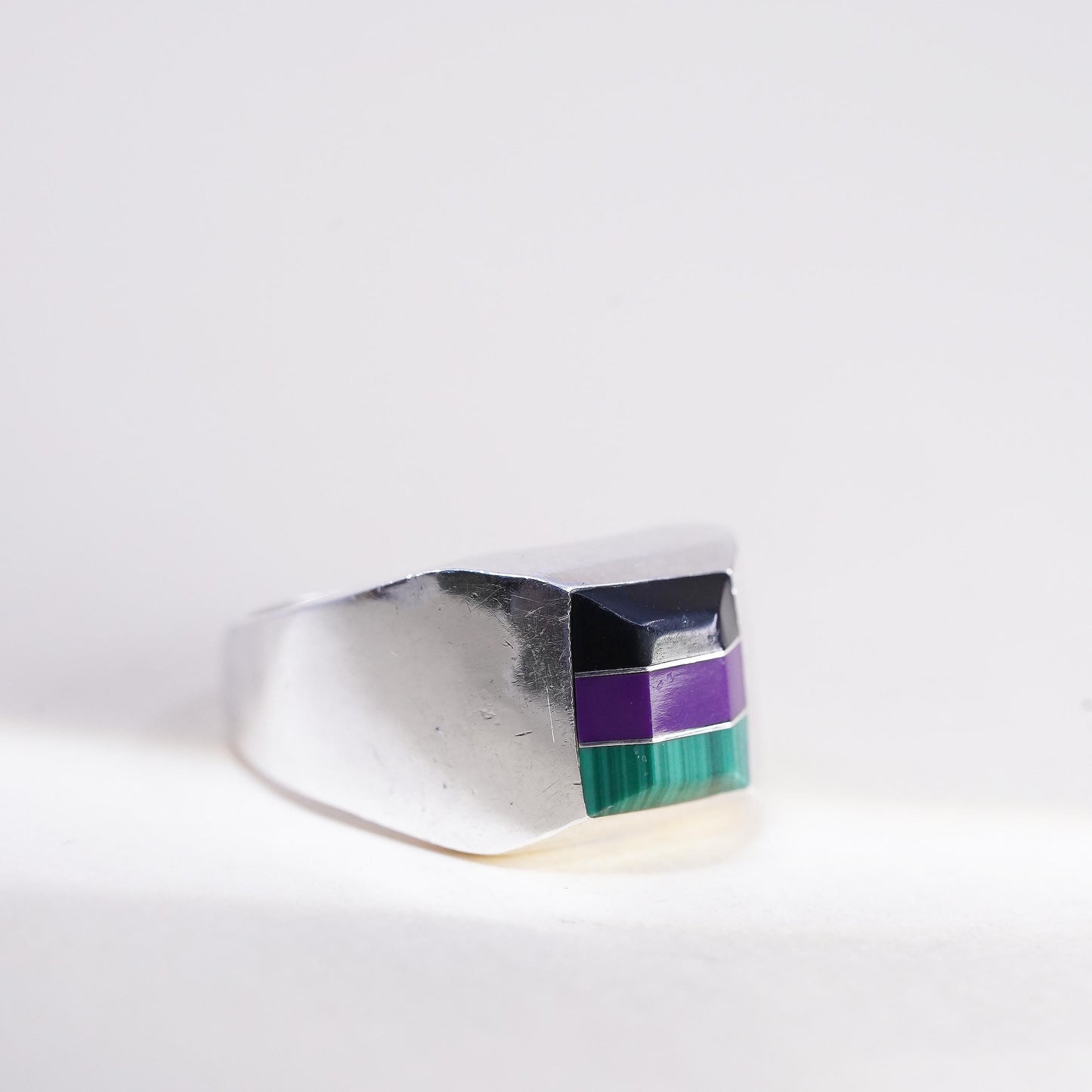 Size 9, Vintage Mexican Sterling Silver Inlay Ring, Black Onyx Malachite Signet