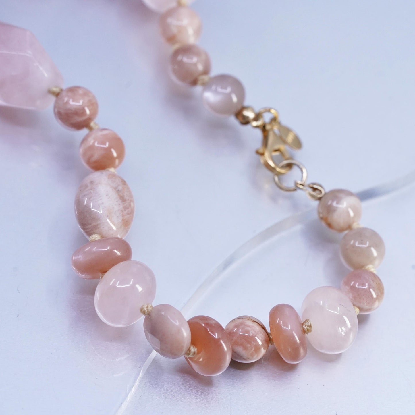 30", Pink Rose Quartz agate Beads necklace gold plated sterling 925 silver