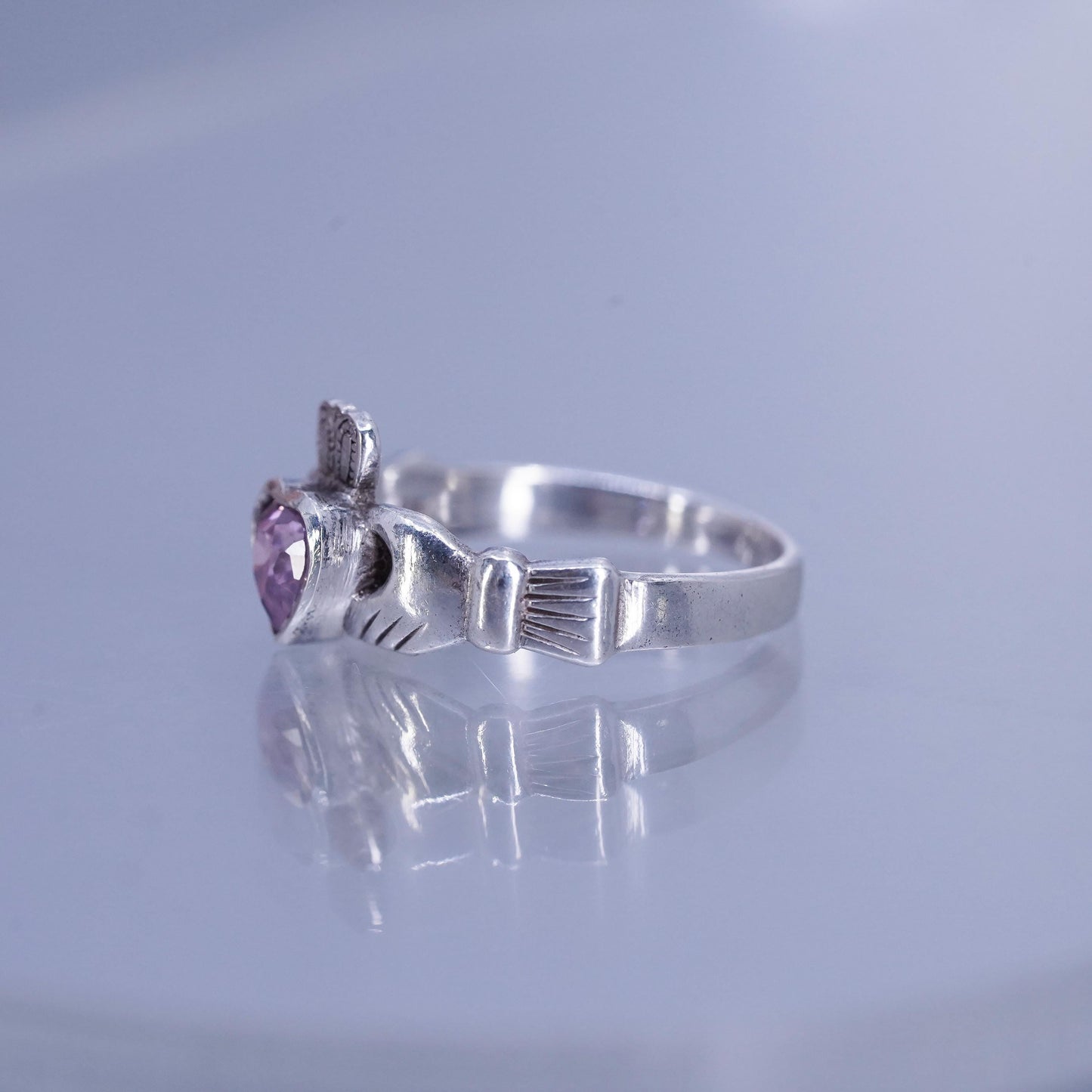 SZ 7.25, Irish Claddagh friendship Sterling 925 silver ring, pink crystal heart