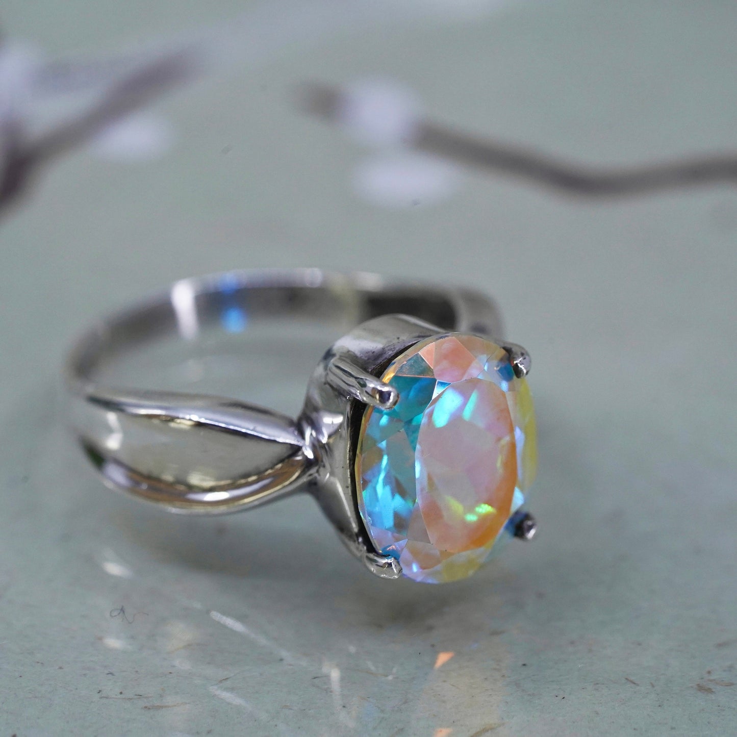 Size 7.75, vintage Badavici Sterling 925 silver handmade ring rainbow tavalite