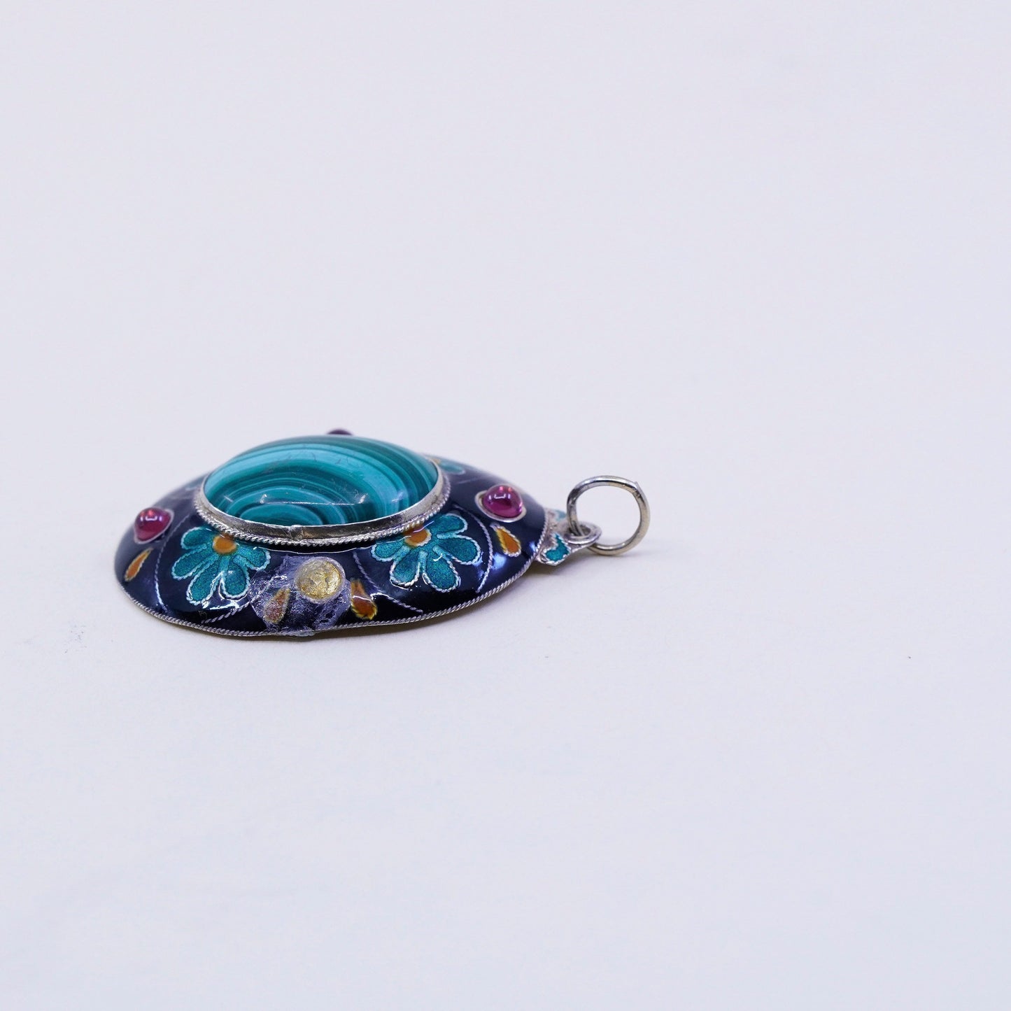 vermeil gold over sterling silver handmade pendant, 925 enamel oval malachite