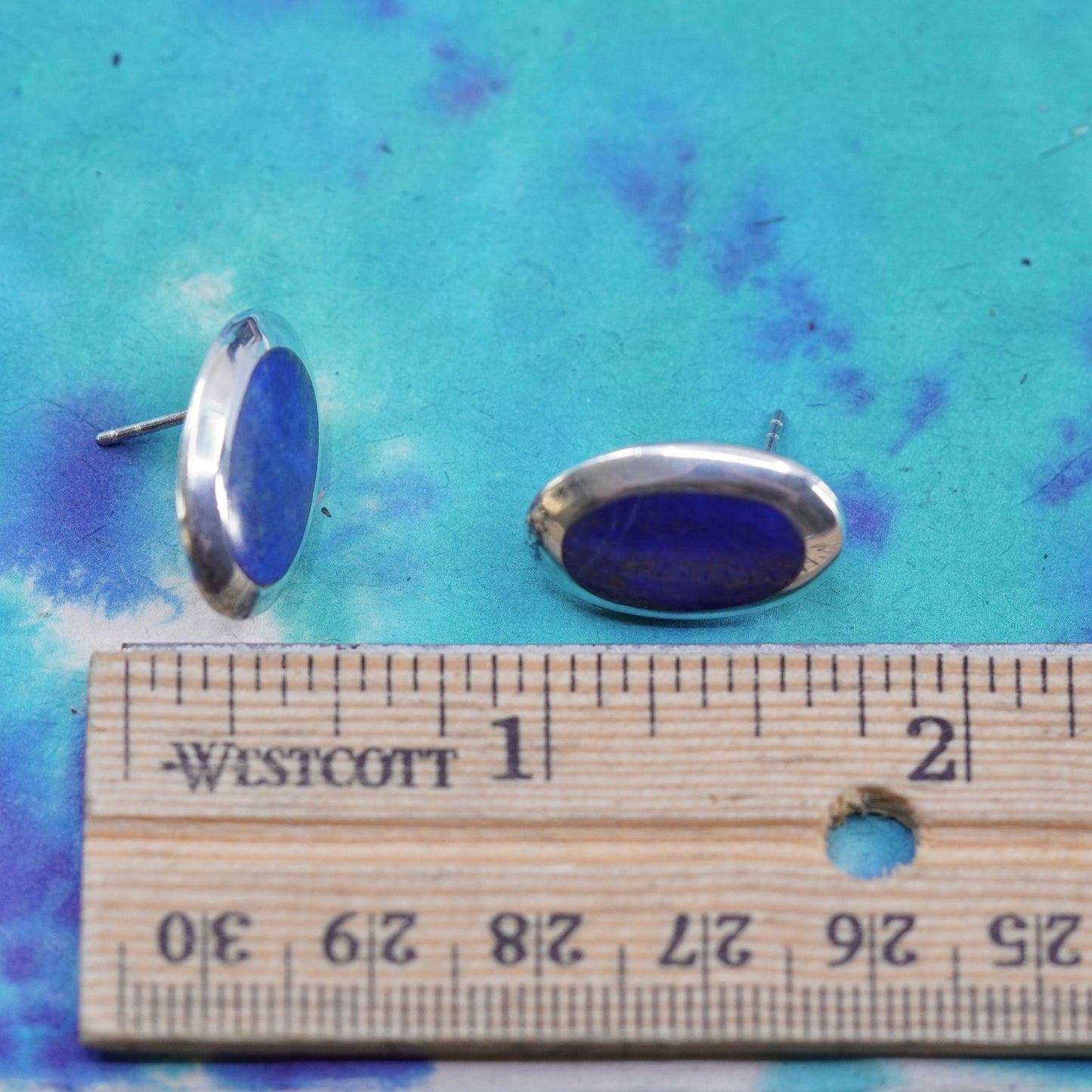 Vintage Sterling silver handmade earrings, oval studs with sodalite inlay