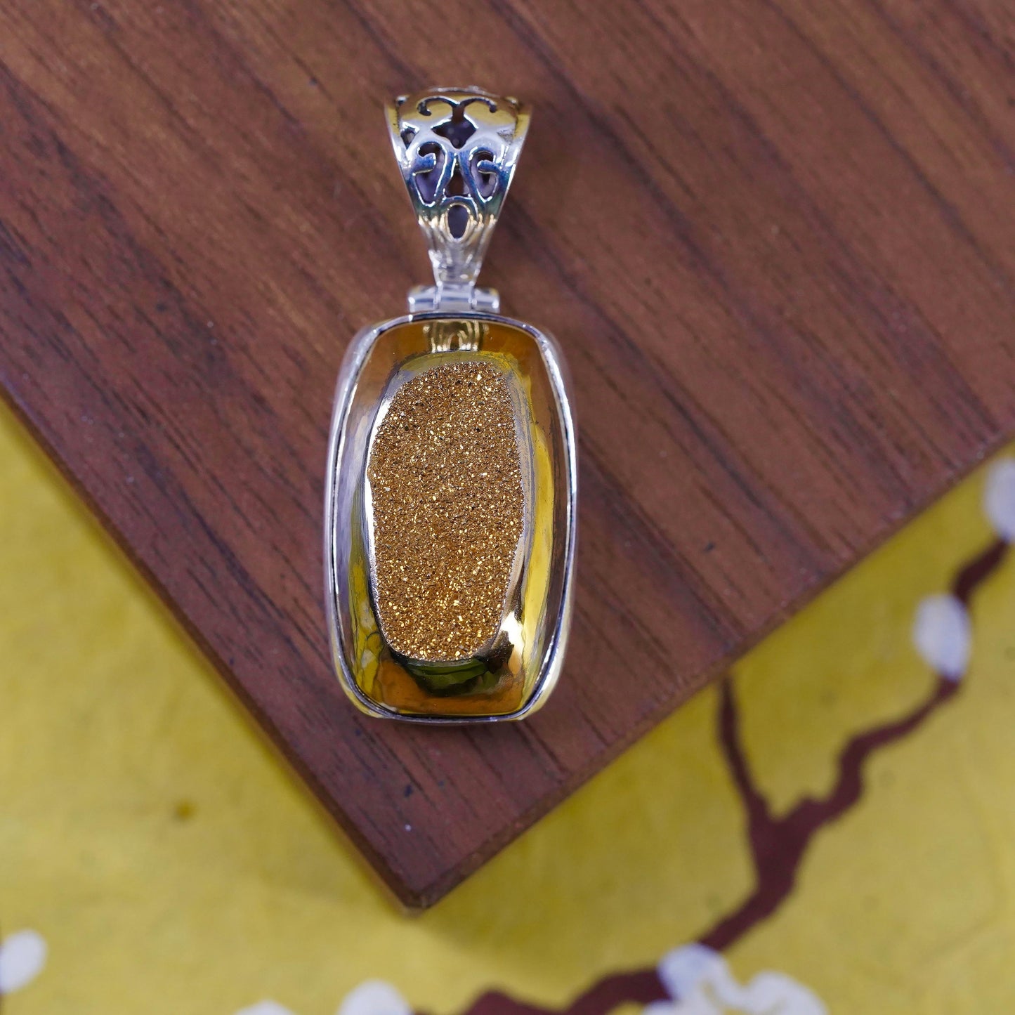 Vintage Sterling 925 silver handmade pendant with golden druzy stone