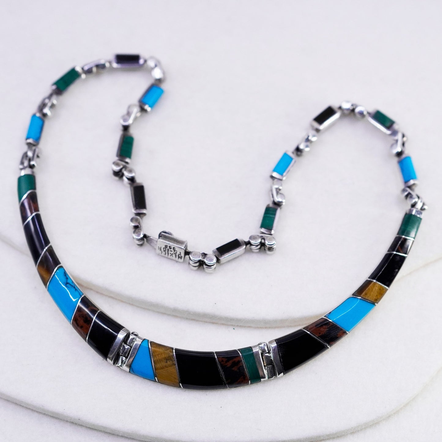 17”, Sterling 925 silver zuni choker collar necklace turquoise jasper obsidian