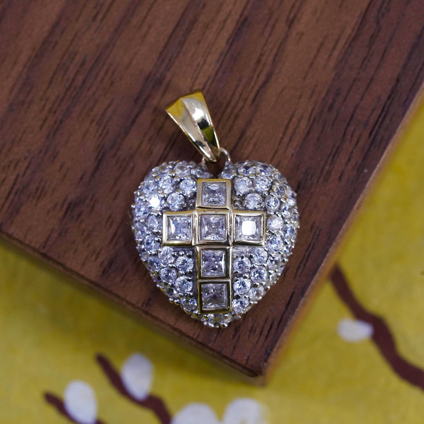 Vintage gold plated Sterling silver pendant, 925 heart cross with cluster cz