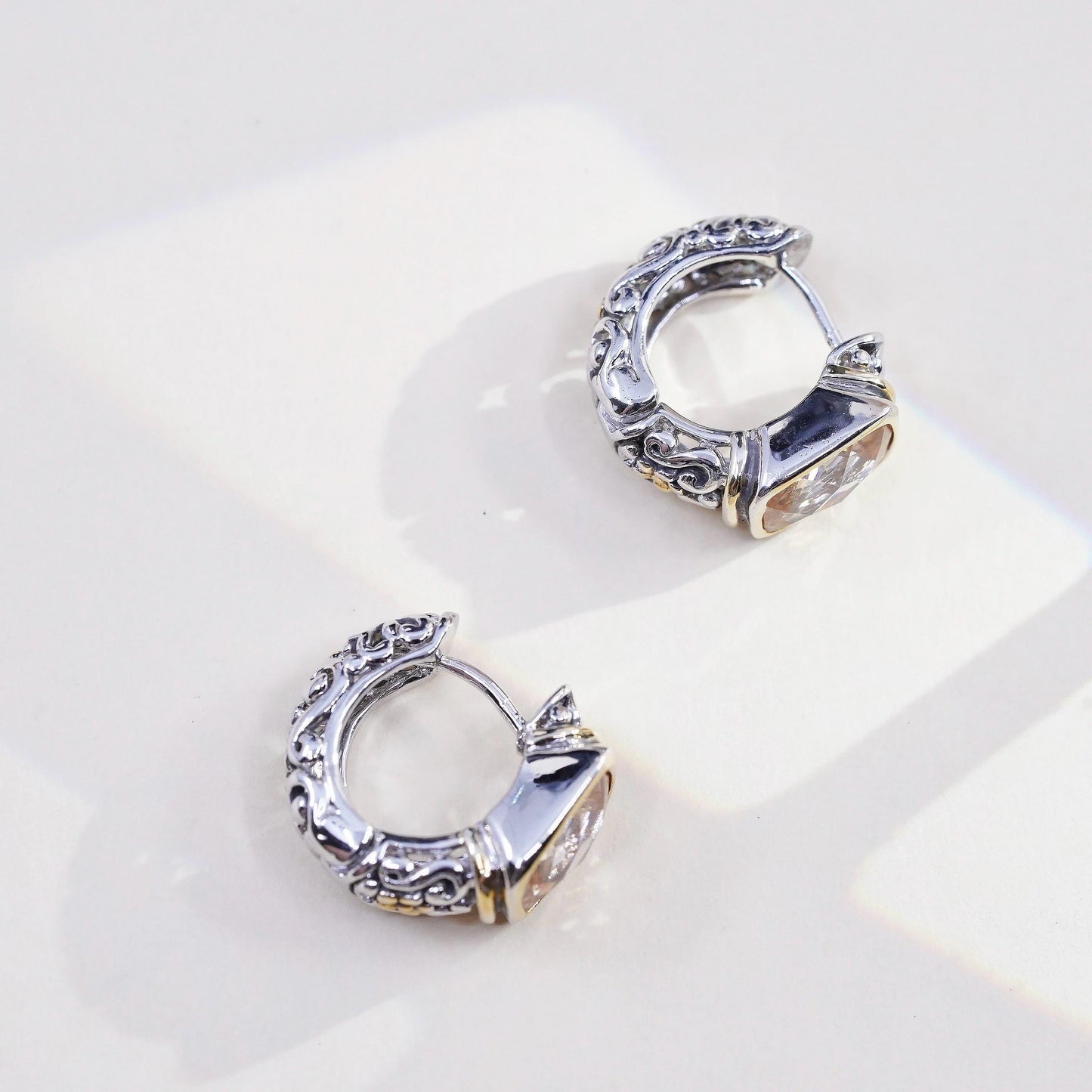 Vintage sterling silver earrings, filigree floral 925 huggie hoops citrine