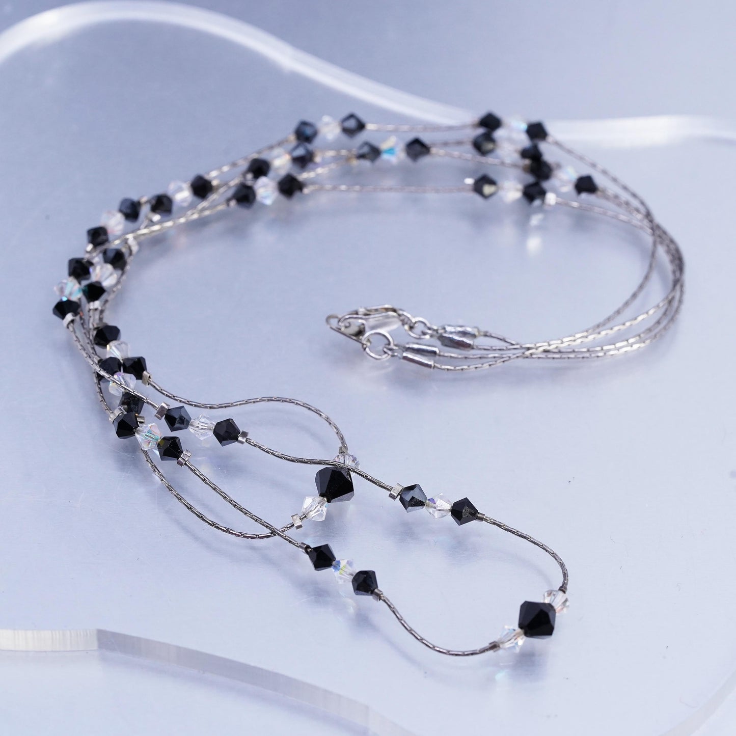 18” Sterling Silver 925 double strands chain necklace black and white crystal