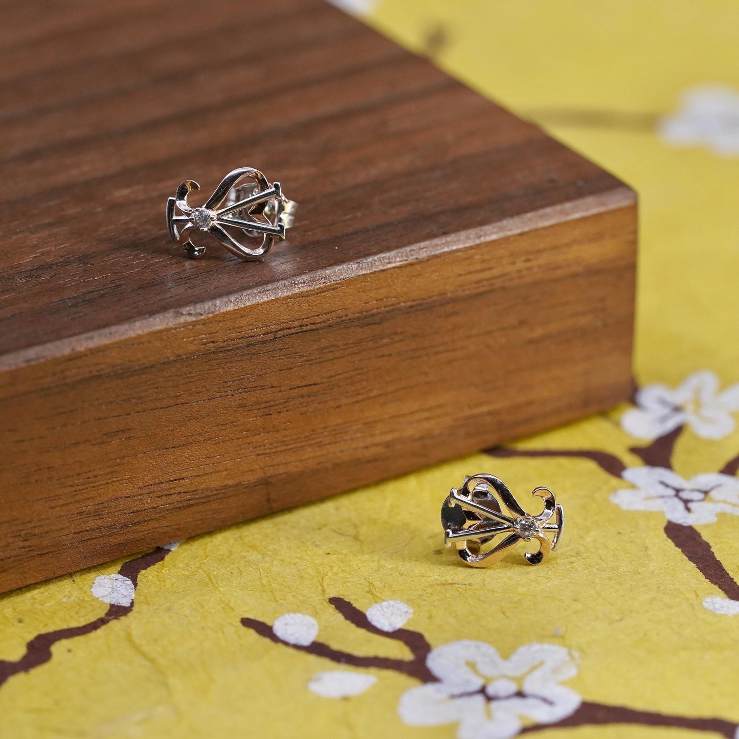 Vintage Two-Tone Sterling Silver Heart V Stud Earrings with CZ