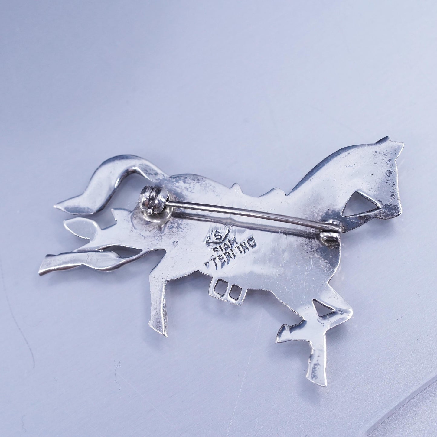 Vintage Siam sterling silver handmade brooch, 925 horse pin