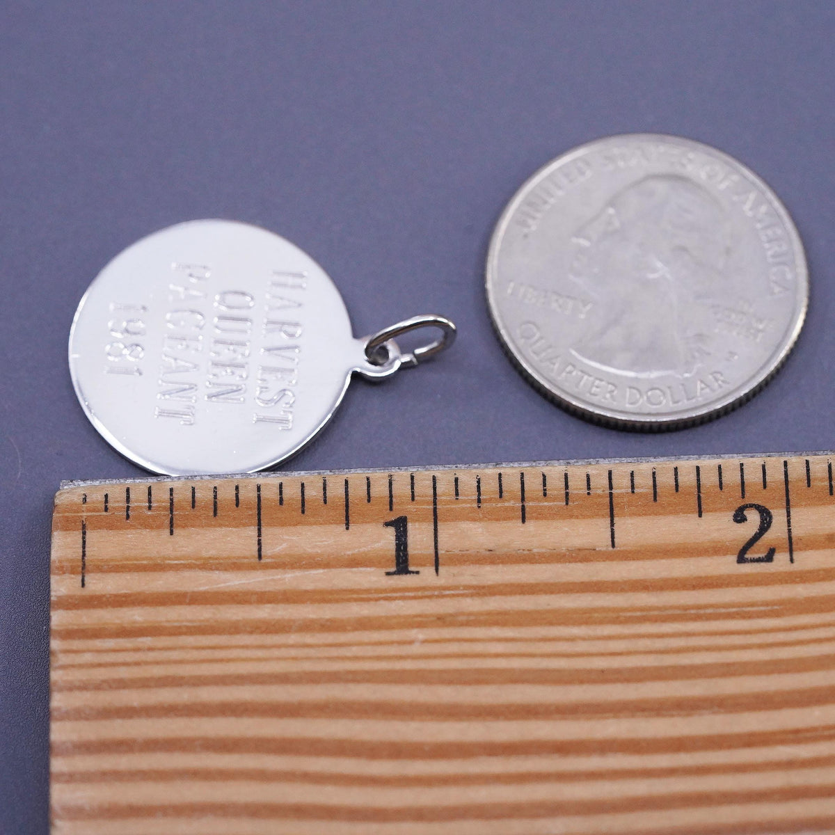 sterling silver pendant, 925 tag charm engraved Harvest Queen Pageant 1981
