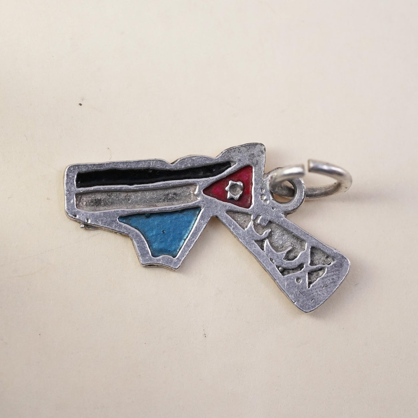 Vintage sterling silver handmade pendant, 925 gun charm with enamel