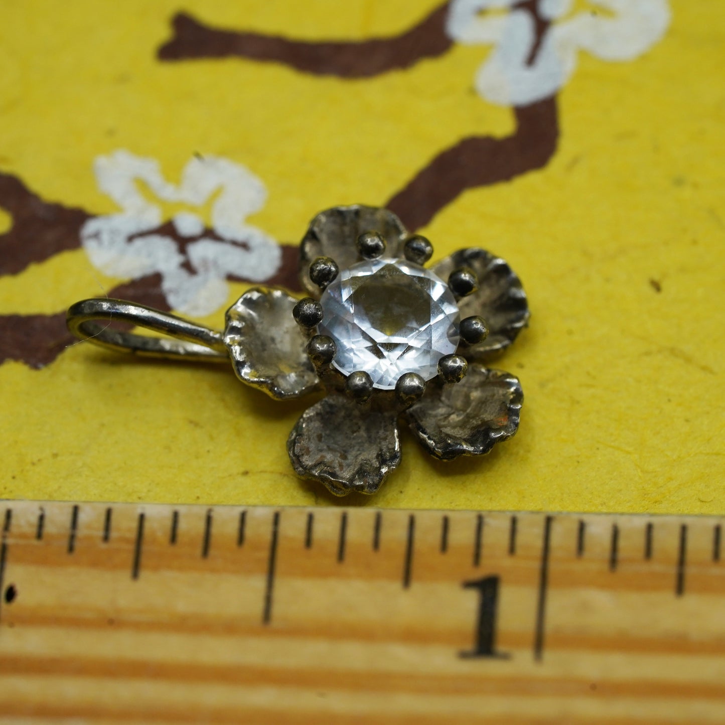Vintage Sterling silver handmade plumeria flower pendant, 925 charm with Cz