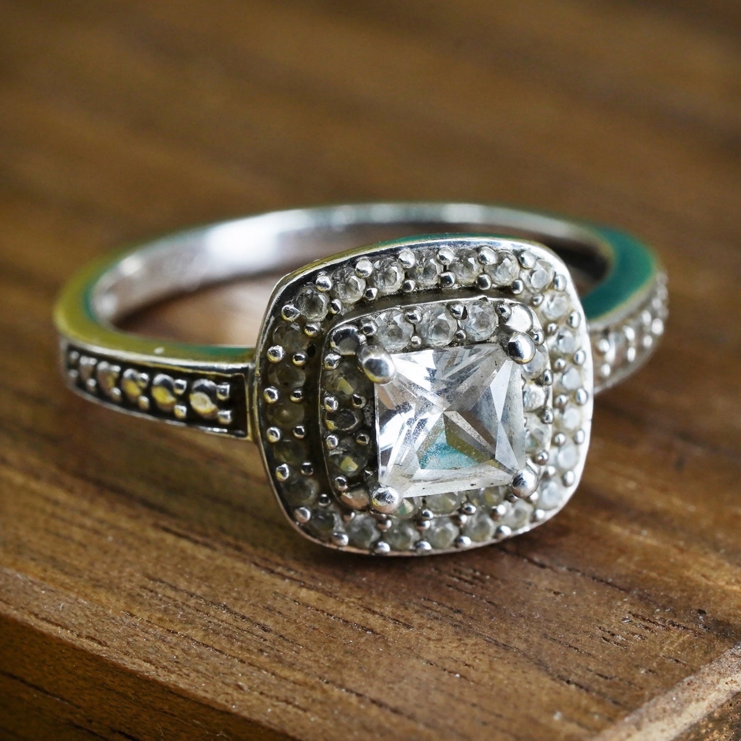 Size 8, vintage Sterling 925 silver anniversary engagement ring with cluster cz