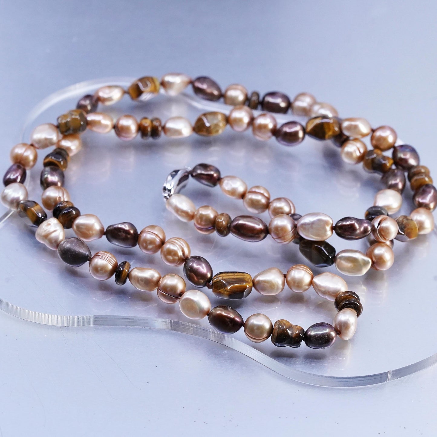 36”, Sterling 925 silver extra long necklace golden tiger eye, pearl nugget
