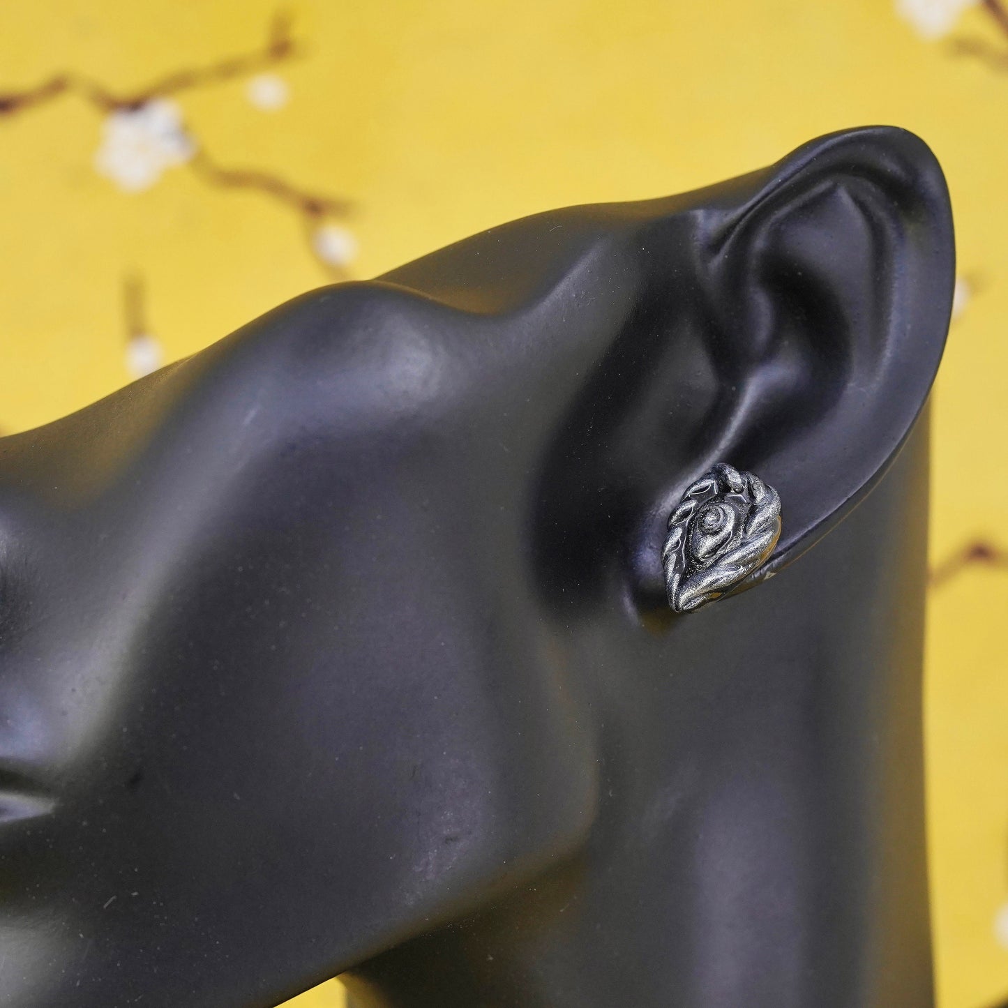 Vintage handmade Sterling silver earrings, 925 black resin studs