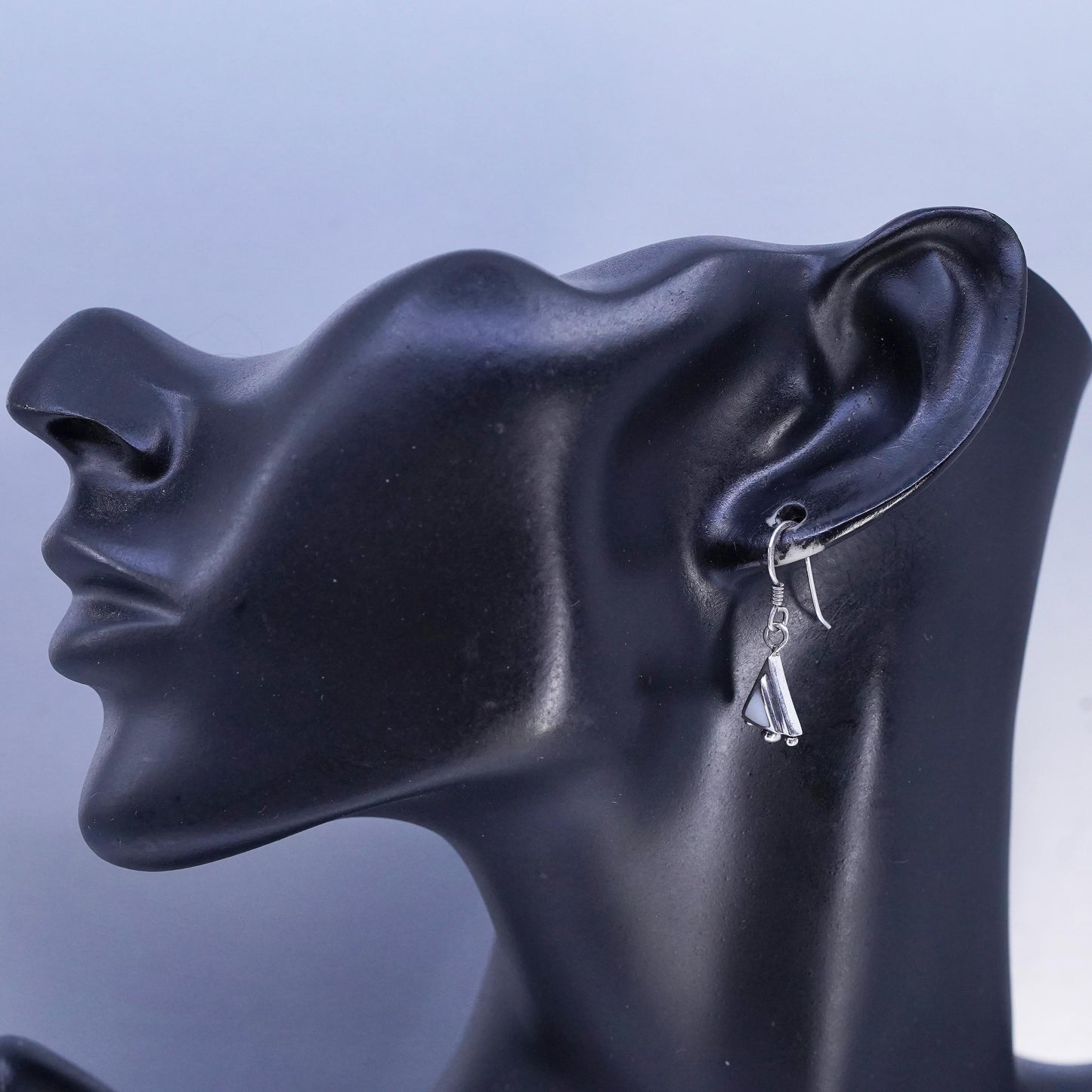 Vintage Sterling 925 silver handmade triangular earrings with mother of pearl