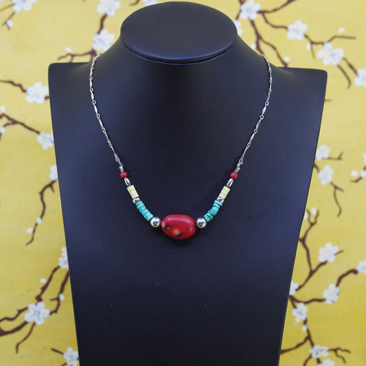 16” Native American heishi sterling silver 925 turquoise necklace coral pendant