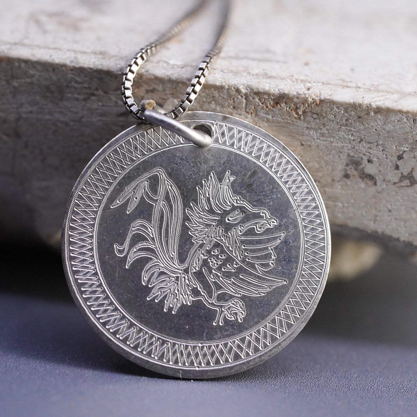 20" Sterling Silver 925 Coin Pendant Necklace Asian Mythical Dragon Medallion