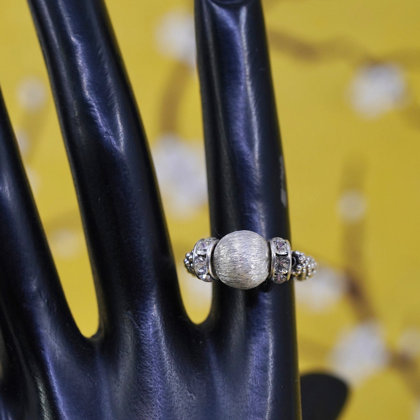 Size 5, vintage Sterling 925 silver handmade stretch beaded ring with cz