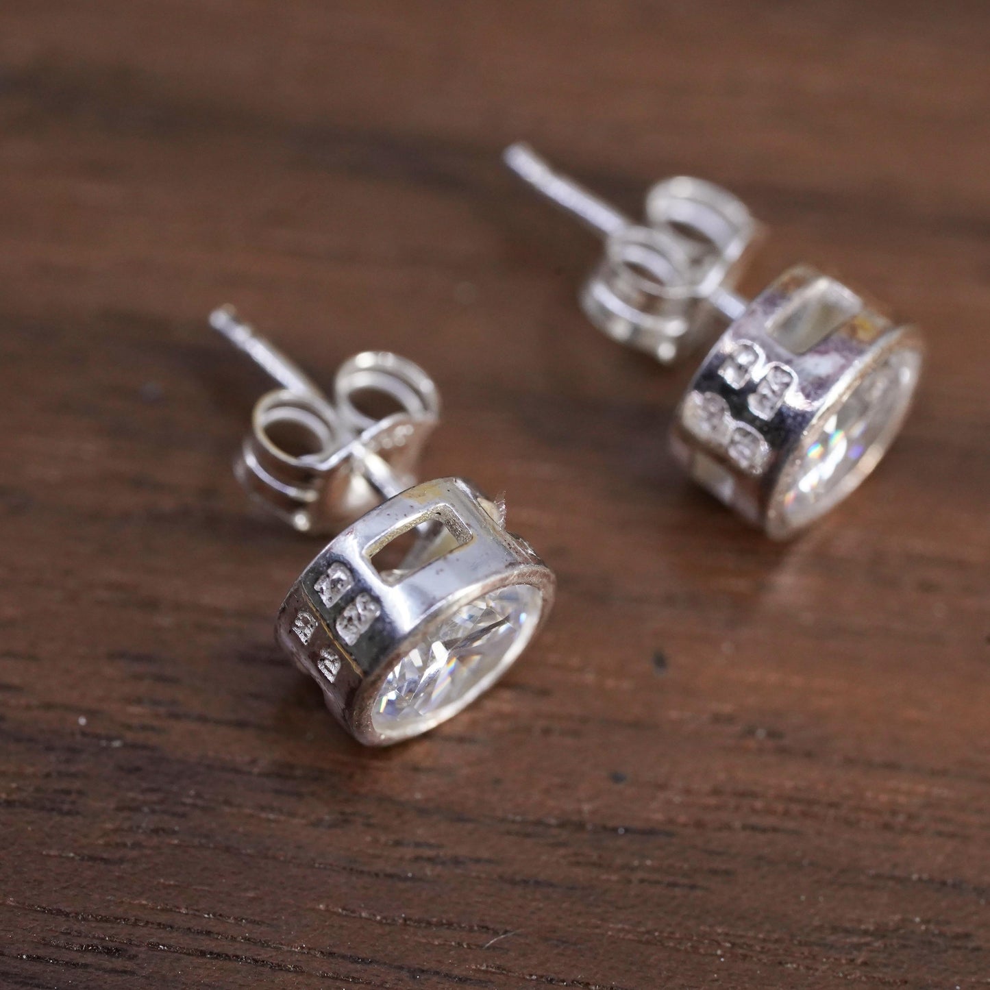 7mm, Vintage Sterling silver clear round crystal studs, cz earrings