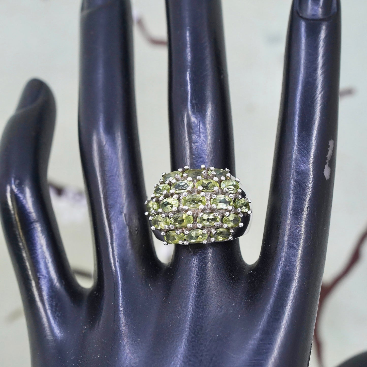 Size 7, vintage Sterling silver handmade ring, 925 band with cluster peridot