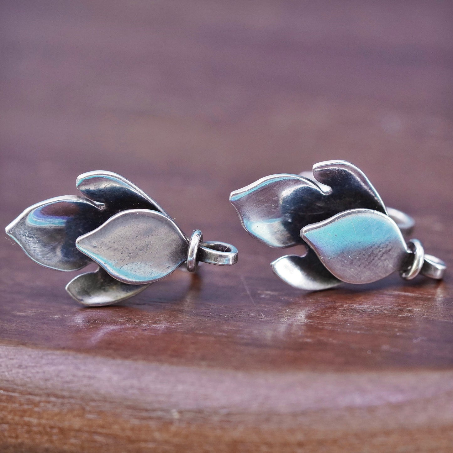 Vintage Mexico Sterling silver handmade earrings, 925 leaf screw back earrings